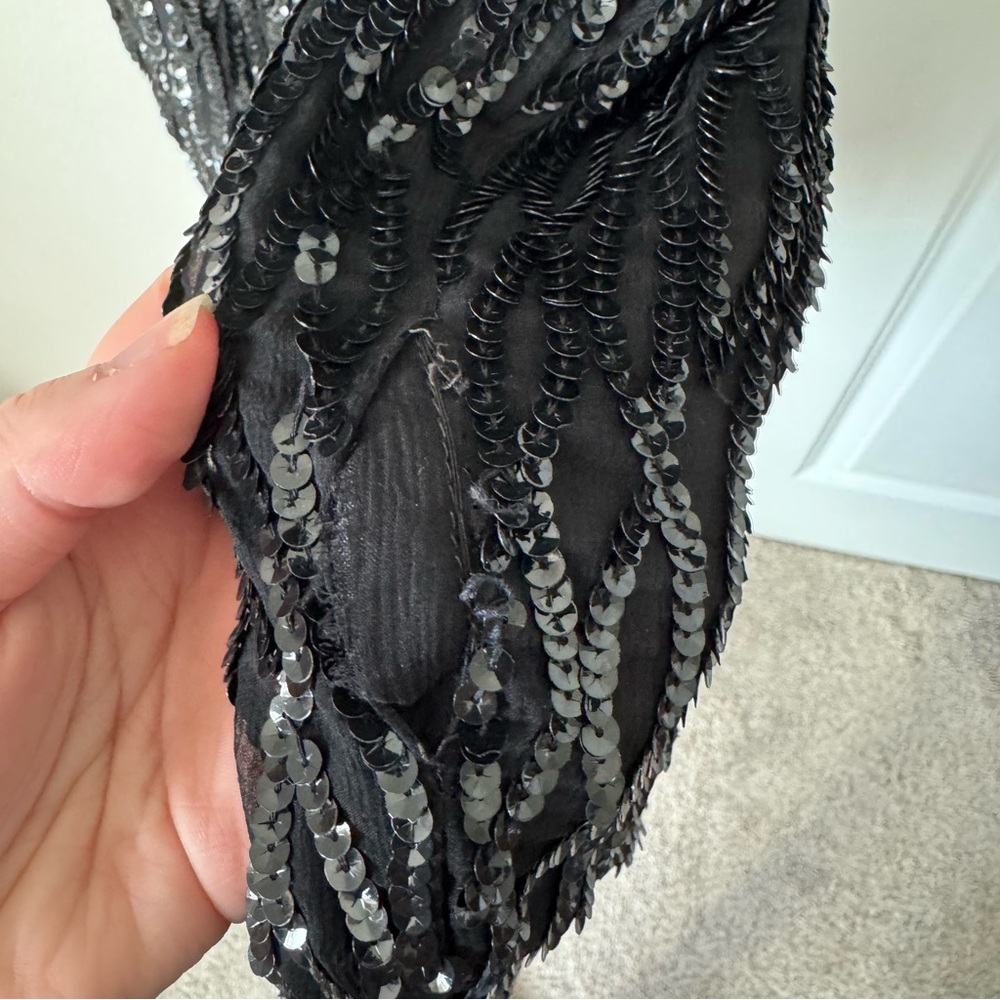 Vintage Stenay Black Sequin Dress Size 4 Shoulder Pads 100% Silk Beaded 1980s - Picture 6 of 14